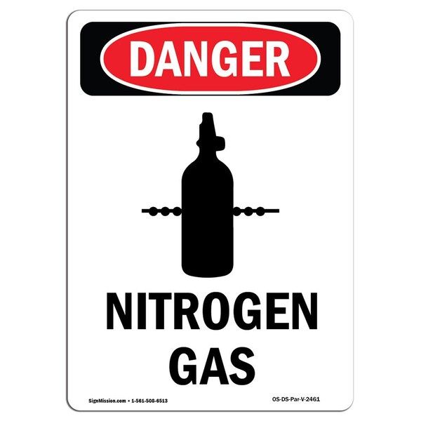 Safety Sign, OSHA Danger, 5" Height, Nitrogen Gas, Portrait, 10PK